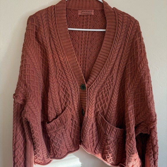 Free People- Washed Ashore Cable Knit Cardigan, Pink Mauve Size M (OVERSIZED) - Picture 6 of 10